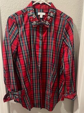 Charter Club Red Plaid Jeweled Collar Button-Up